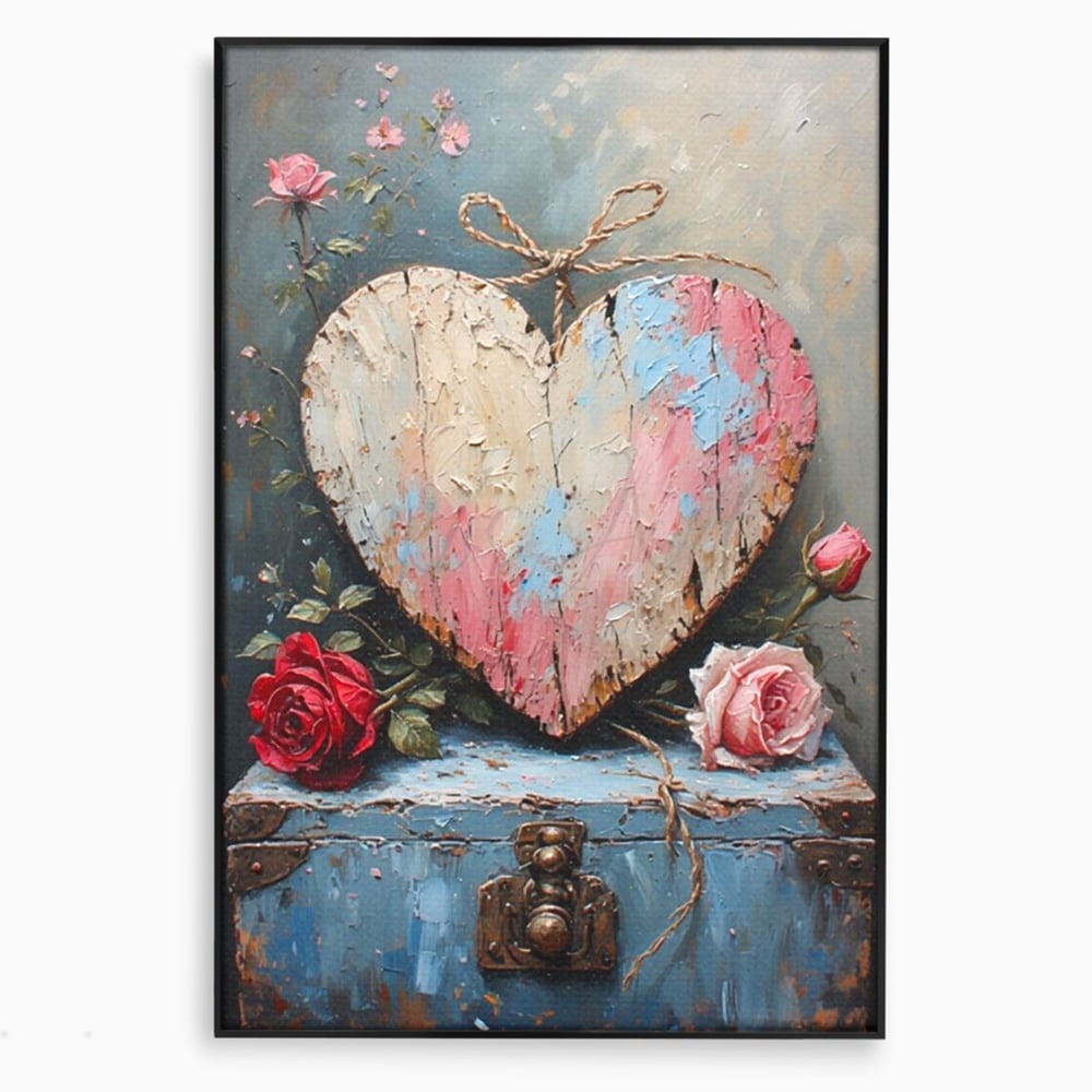 Tablou canvas cu tablou canvas cu inima din lemn si flori, in rama de aluminiu negru